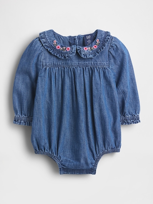 body en jean à volants et col bouffant pour bébé