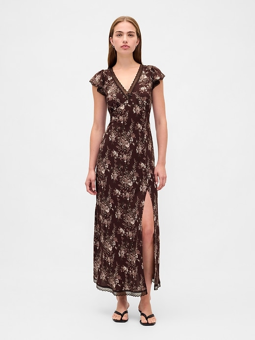 robe longue en crêpe à col en v ornée de dentelle