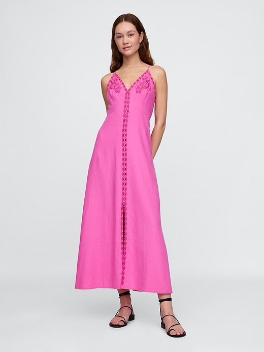 robe longue dos nu brodée en lin mélangé