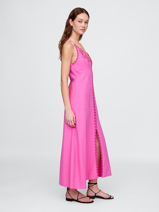 robe longue dos nu brodée en lin mélangé