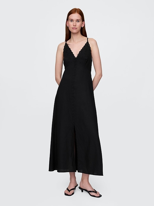 robe longue dos nu brodée en lin mélangé