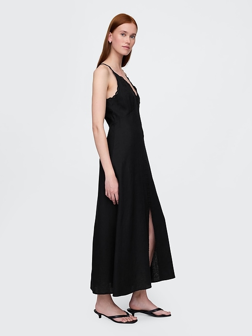 robe longue dos nu brodée en lin mélangé