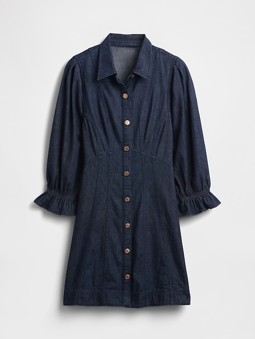 robe courte en jean à manches bouffantes et coutures apparentes