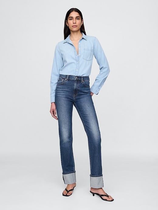 jean slim droit taille haute à revers style années 90