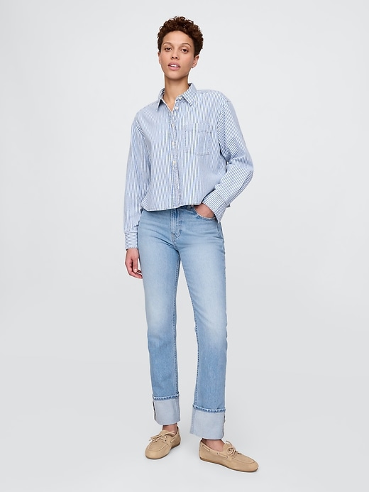 jean slim droit taille haute à revers style années 90