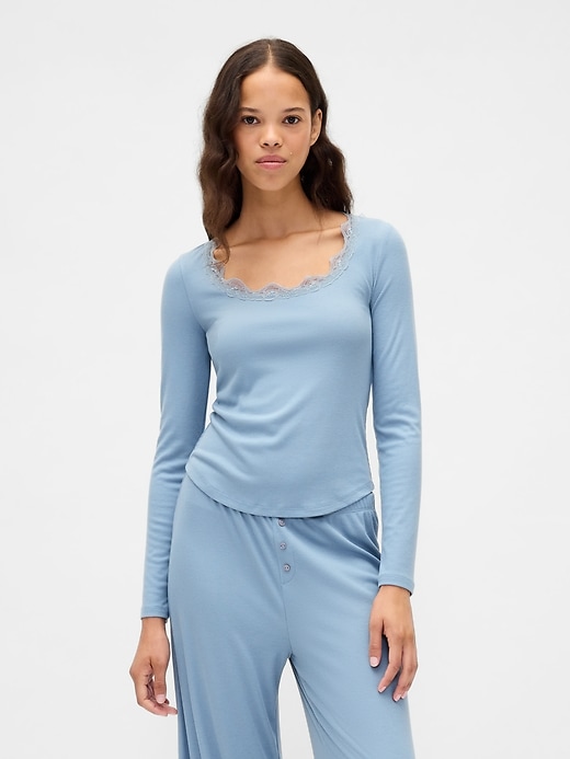 haut de pyjama côtelé à bordure en dentelle mini