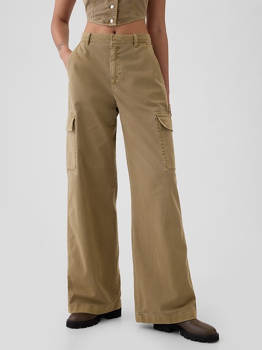 pantalon cargo kaki ample taille mi-haute