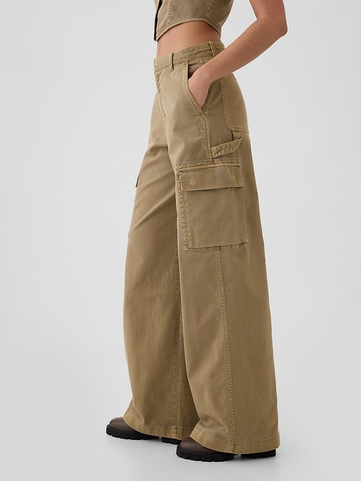 pantalon cargo kaki ample taille mi-haute