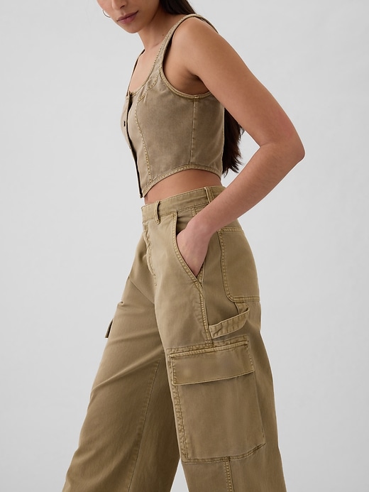 pantalon cargo kaki ample taille mi-haute