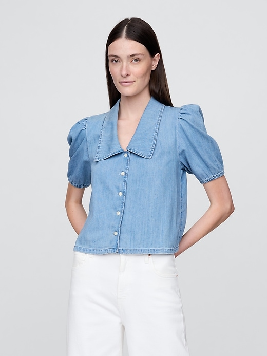 chemise en jean à manches bouffantes et col