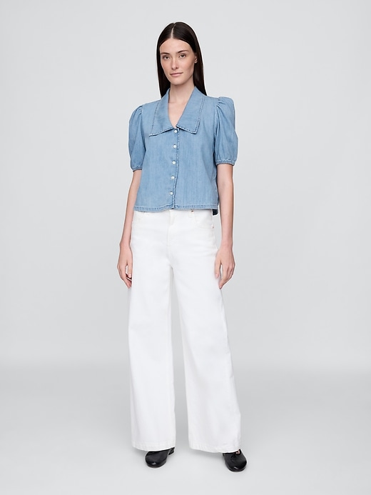 chemise en jean à manches bouffantes et col