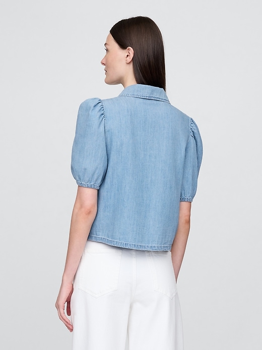 chemise en jean à manches bouffantes et col