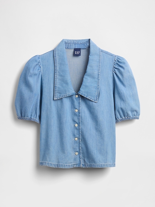chemise en jean à manches bouffantes et col