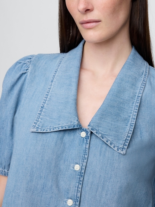 chemise en jean à manches bouffantes et col