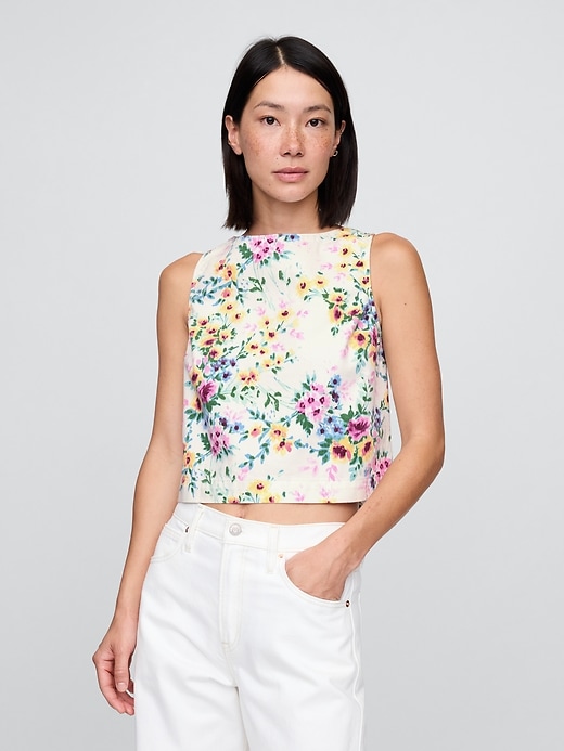 débardeur court en denim à fleurs