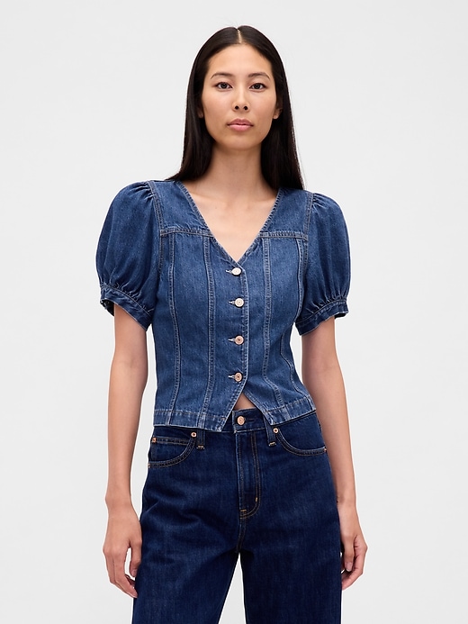 haut en denim à manches bouffantes et coutures apparentes