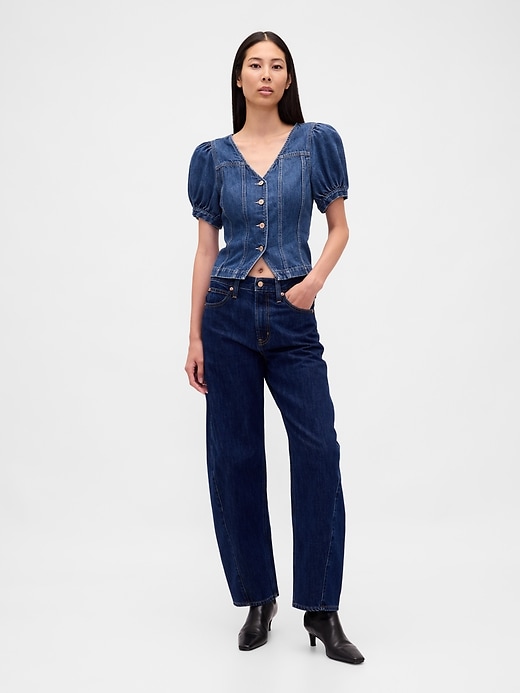 haut en denim à manches bouffantes et coutures apparentes