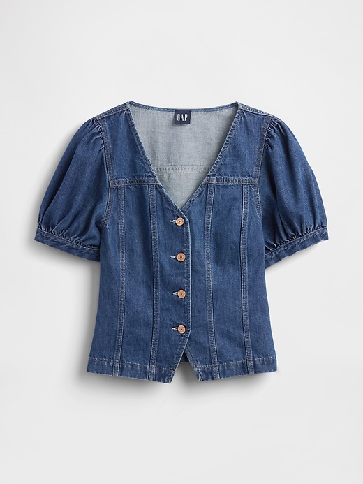 haut en denim à manches bouffantes et coutures apparentes
