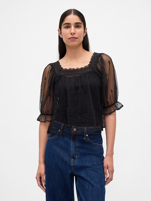 haut en tulle transparent brodé