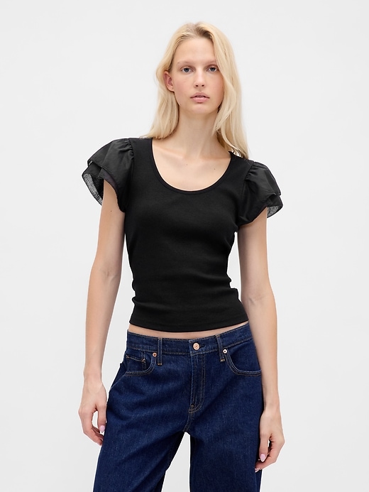 t-shirt court moderne à manches bouffantes et volants