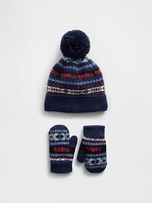 ensemble bonnet et moufles fair isle à pompons pour bébé et tout-petit